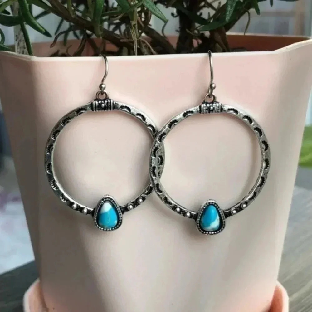Silver & Turquoise Circle Hoop Earrings NWT